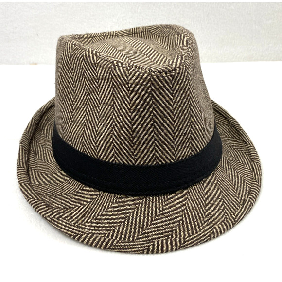 Mens Fedora Hat‎ Large 58 cm Brown Wool Blend Herringbone Hipster Cap - Picture 1 of 8